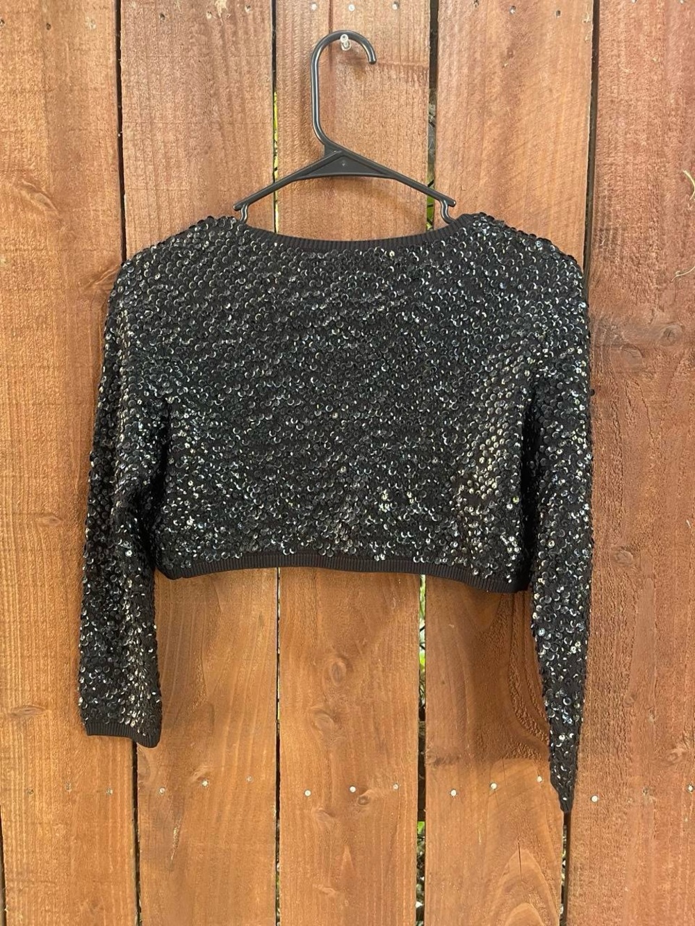 Vintage Bebe Black Cropped Sequin Shrug Bolero Silk Cotton Glam Sz S - Picture 2 of 5